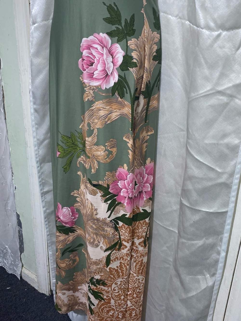 Olive Green Maxi Slip Dress with Pink Floral Print - Picture 3 of 5